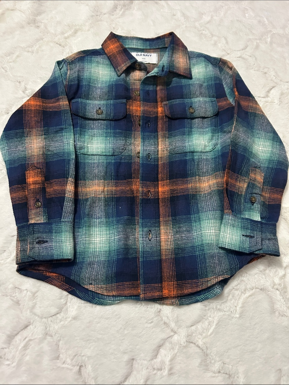 Old Navy Blue, Teal & Orange Plaid Button-Down Shirt